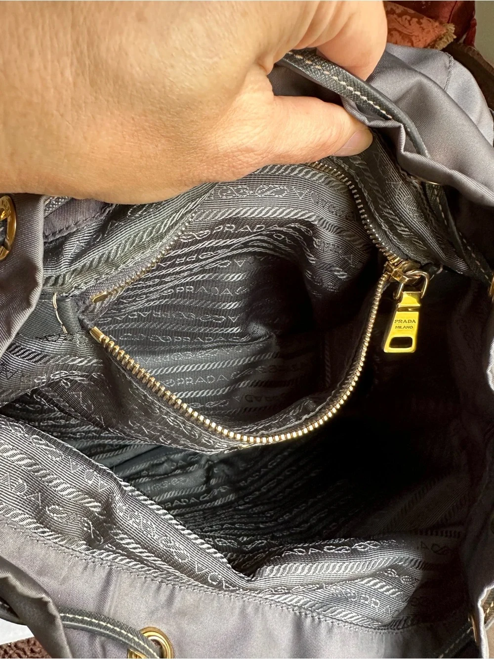 Prada Gray Nylon Drawstring Backpack with Gold Hardware